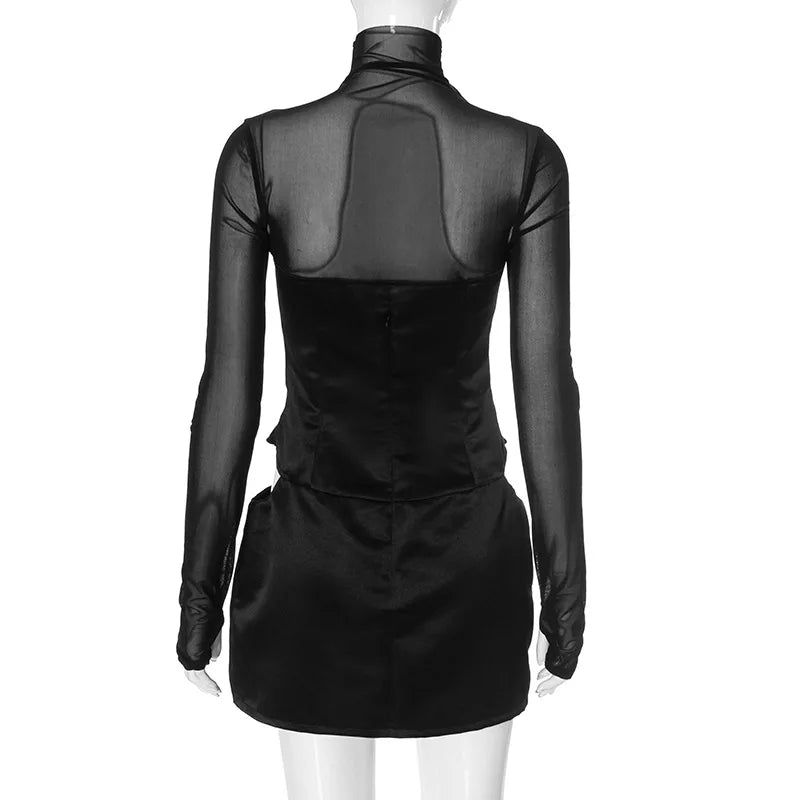 Trendix Fashion Mesh Long Sleeve Mini Dress Club See Through Turtleneck Splice Hollow Bodysuit Dress Party Hot Girls Sexy Dress