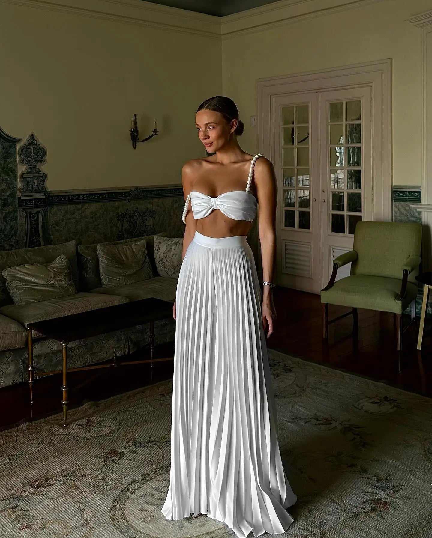 Pleated Skirt Set Women A Line Skirt Beach Skirt Sleeveless Two Piece Set Bandage Top Summer Beach Holiday Party Summer