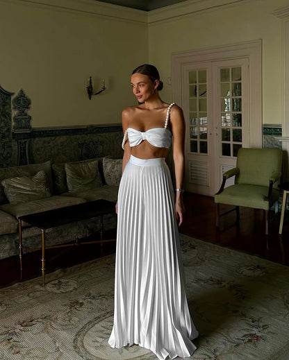 Pleated Skirt Set Women A Line Skirt Beach Skirt Sleeveless Two Piece Set Bandage Top Summer Beach Holiday Party Summer